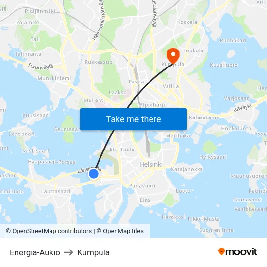 Energia-Aukio to Kumpula map