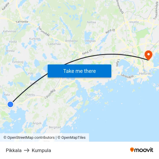 Pikkala to Kumpula map