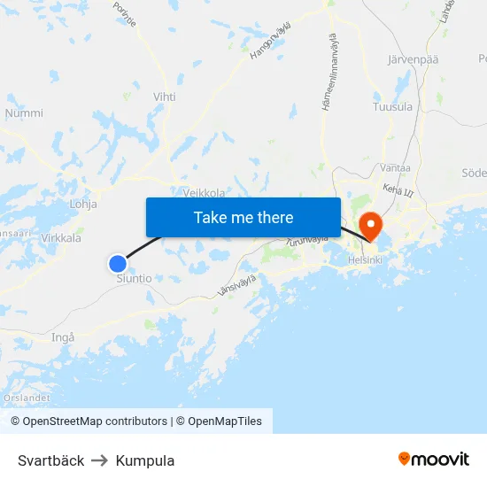 Svartbäck to Kumpula map