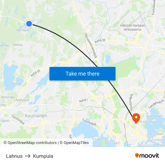 Lahnus to Kumpula map