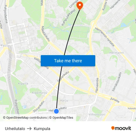 Sports Hall to Kumpula map