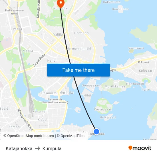 Katajanokka to Kumpula map