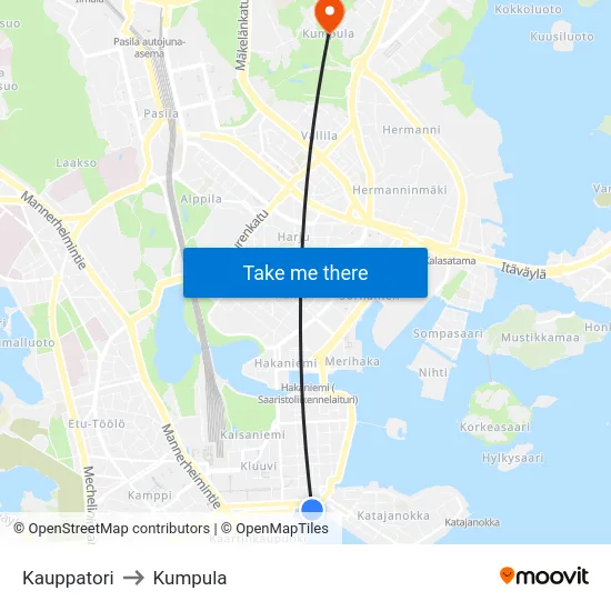 Kauppatori to Kumpula map