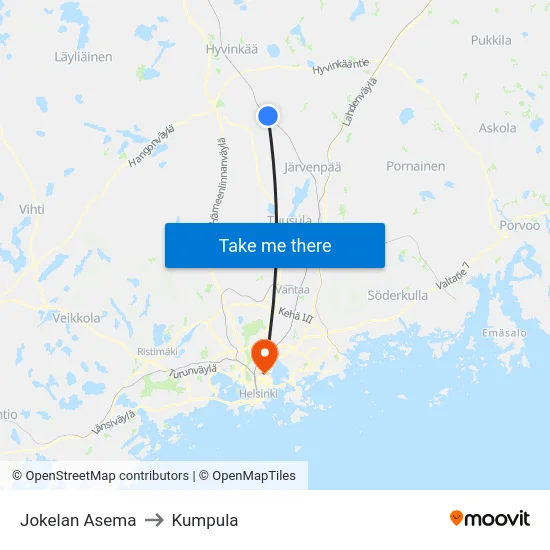 Jokelan Asema to Kumpula map