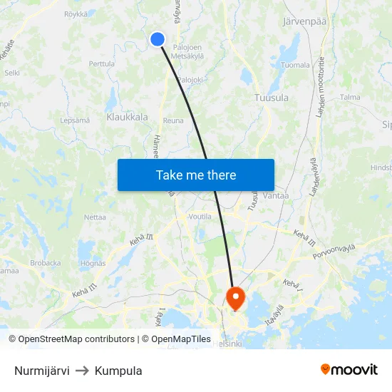 Nurmijärvi to Kumpula map