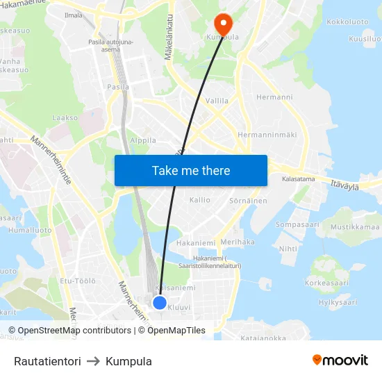 Rautatientori to Kumpula map