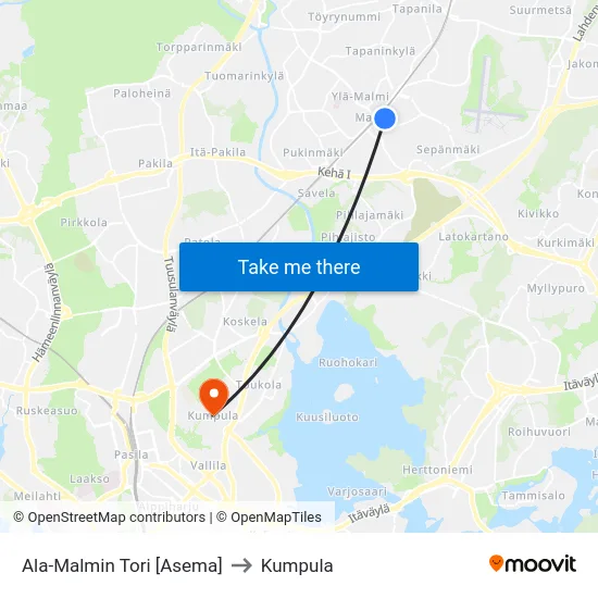 Ala-Malmin Tori [Asema] to Kumpula map