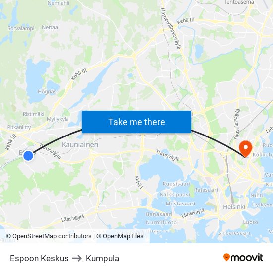 Espoon Keskus to Kumpula map