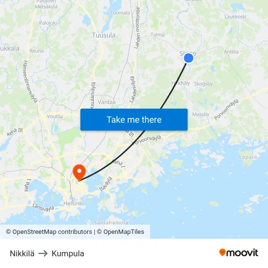 Nikkilä to Kumpula map