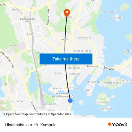 Liisanpuistikko to Kumpula map
