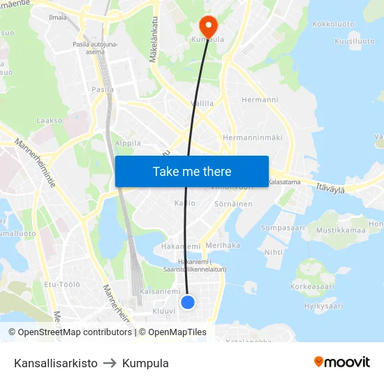 Kansallisarkisto to Kumpula map