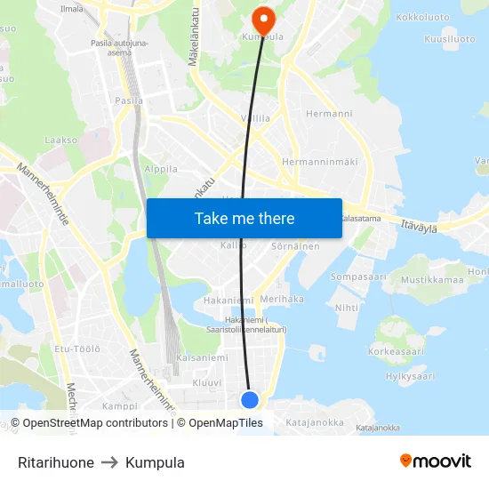 Ritarihuone to Kumpula map