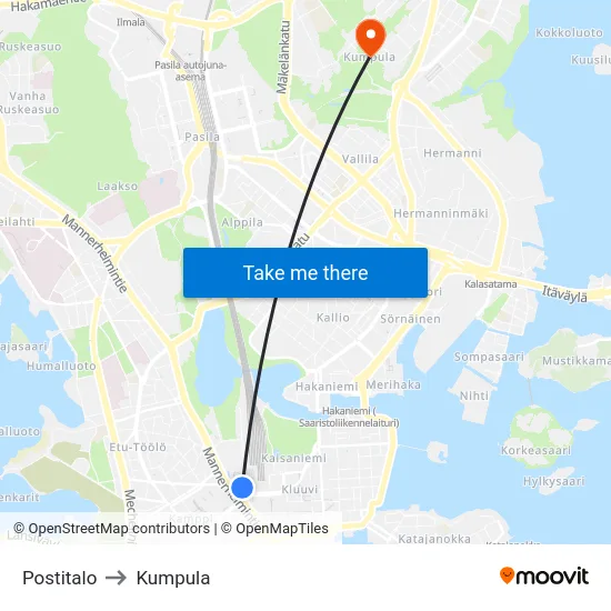 Postitalo to Kumpula map