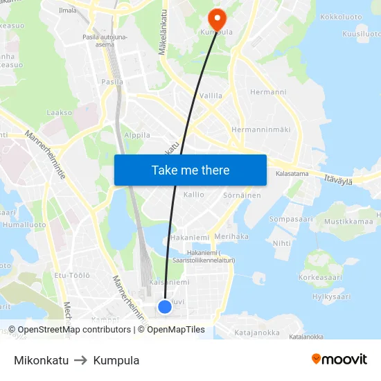 Mikonkatu to Kumpula map