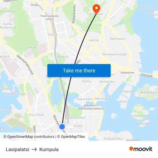 Lasipalatsi to Kumpula map