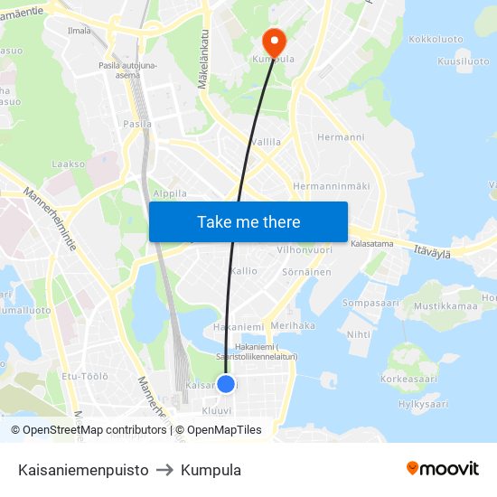 Kaisaniemenpuisto to Kumpula map