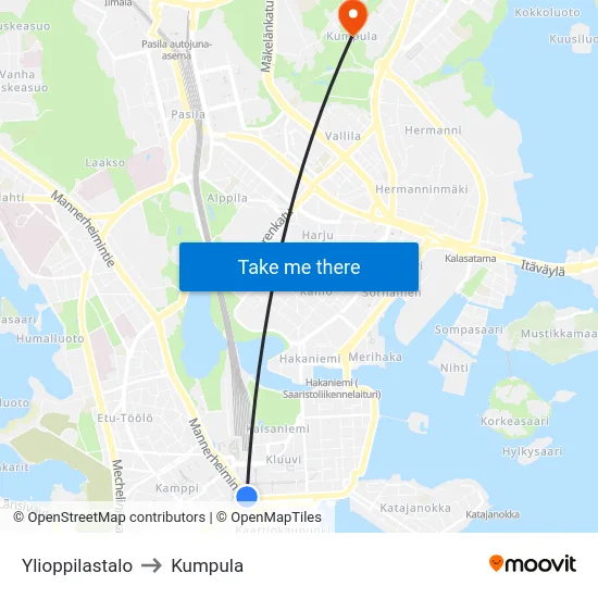 Ylioppilastalo to Kumpula map