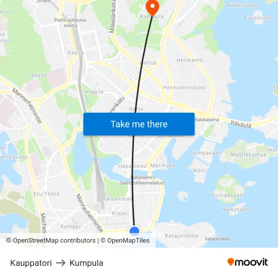 Kauppatori to Kumpula map