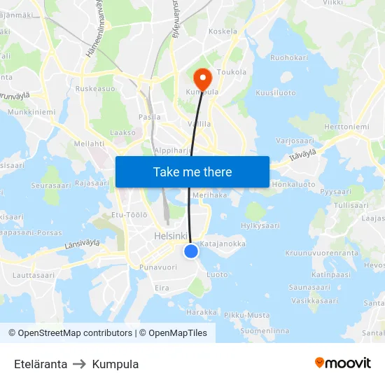 Eteläranta to Kumpula map