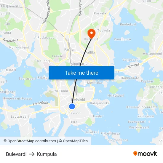 Bulevardi to Kumpula map