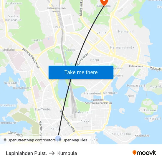 Lapinlahden Puist. to Kumpula map