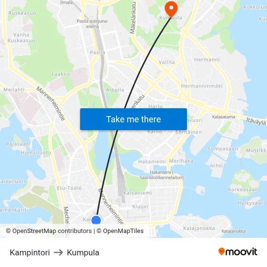 Kamppi Square to Kumpula map
