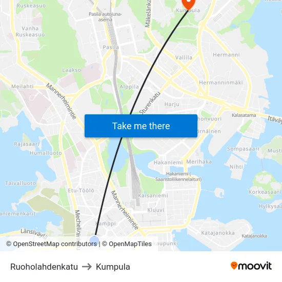 Ruoholahdenkatu to Kumpula map