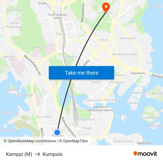Kamppi (M) to Kumpula map