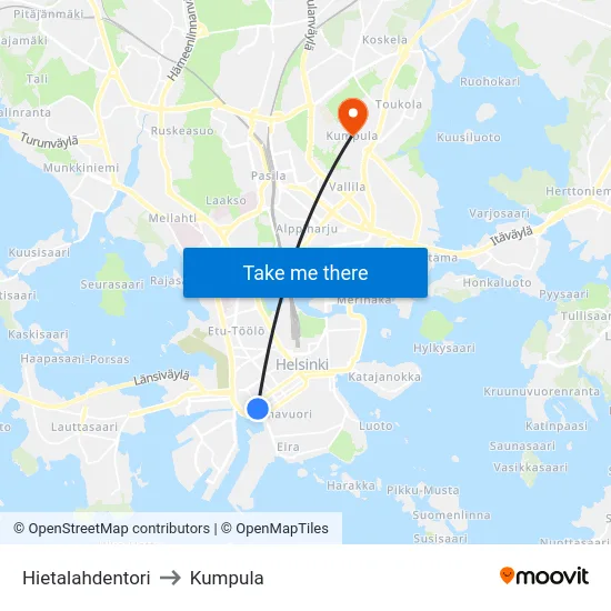 Hietalahdentori to Kumpula map