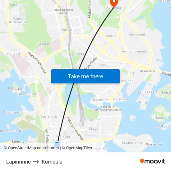 Lapinrinne to Kumpula map