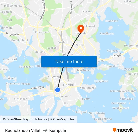 Ruoholahti Villas to Kumpula map