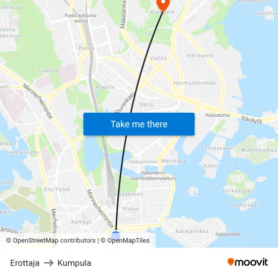 Erottaja to Kumpula map