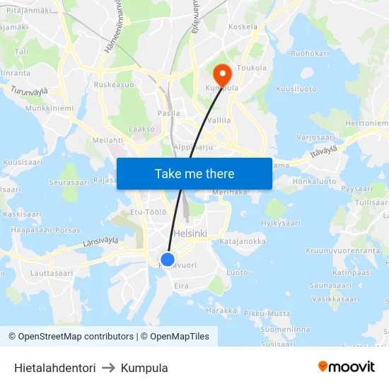 Hietalahdentori to Kumpula map