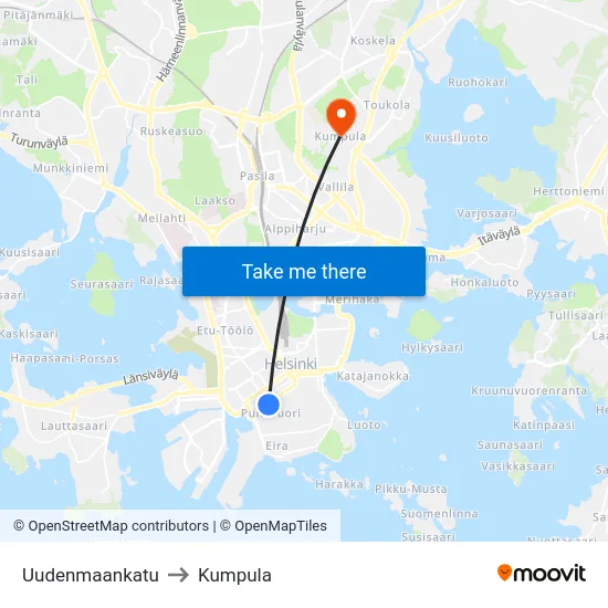 Uudenmaankatu to Kumpula map