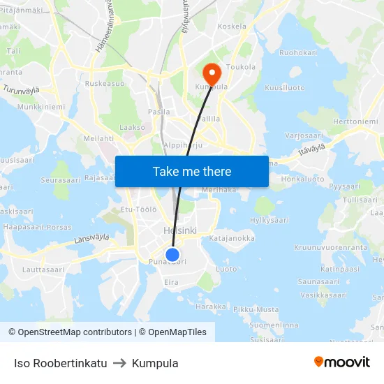 Iso Roobertinkatu to Kumpula map
