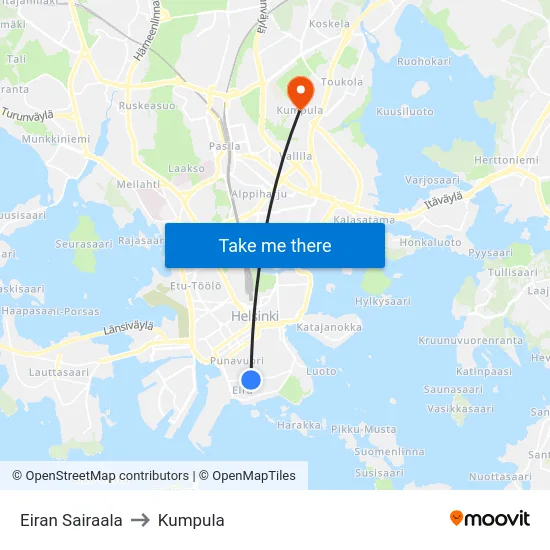 Eiran Sairaala to Kumpula map