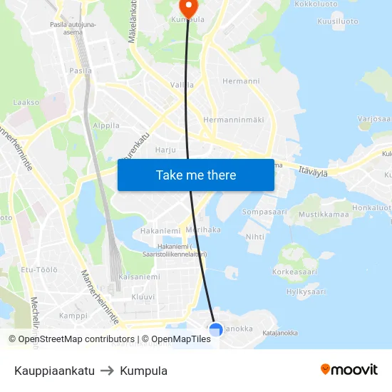 Kauppiaankatu to Kumpula map