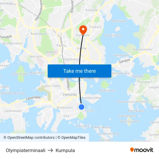 Olympiaterminaali to Kumpula map