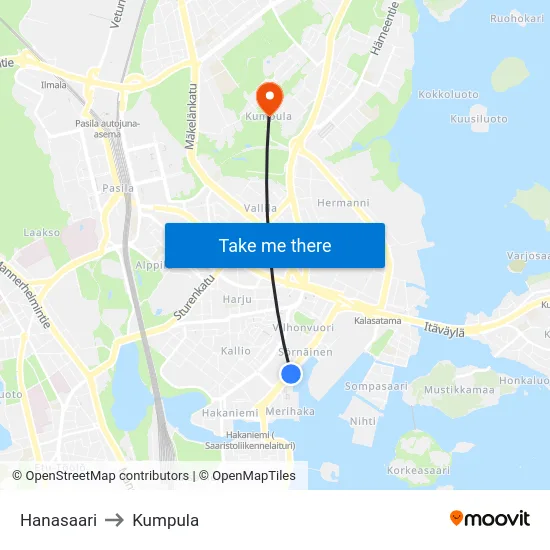 Hanasaari to Kumpula map