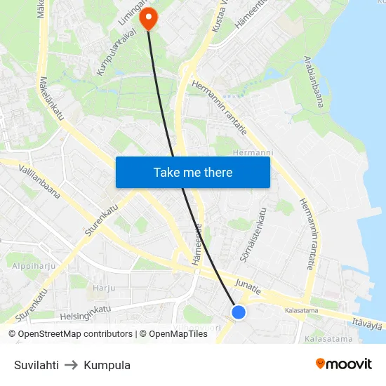 Suvilahti to Kumpula map