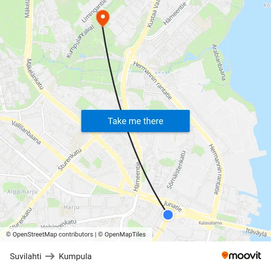 Suvilahti to Kumpula map
