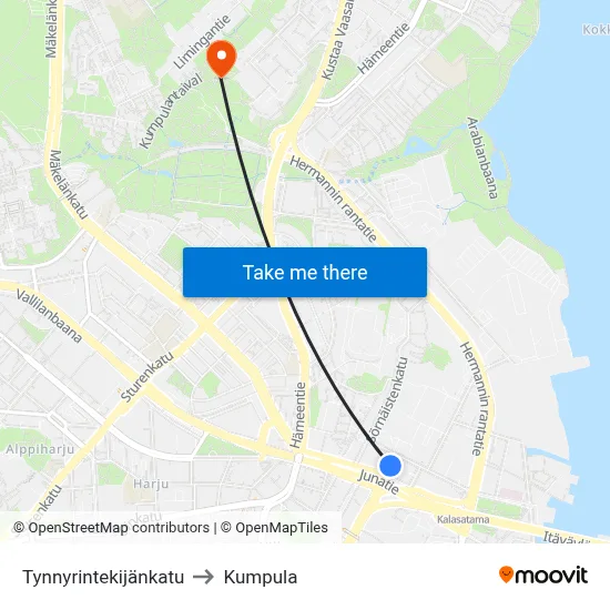 Tynnyrintekijänkatu to Kumpula map