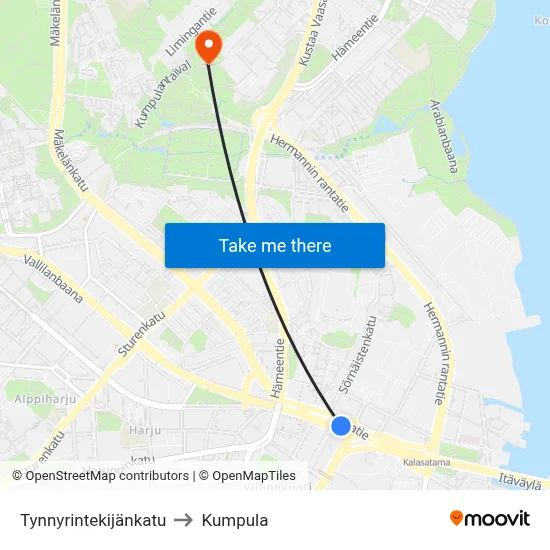 Cooper Street to Kumpula map