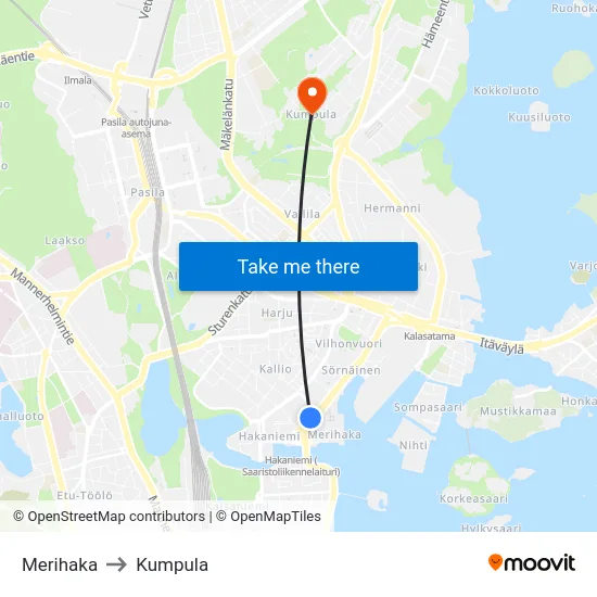 Merihaka to Kumpula map