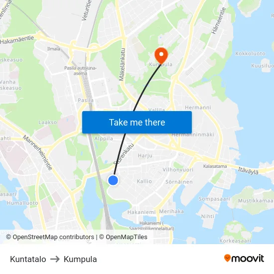 Kuntatalo to Kumpula map