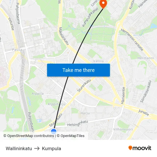 Wallin Street to Kumpula map