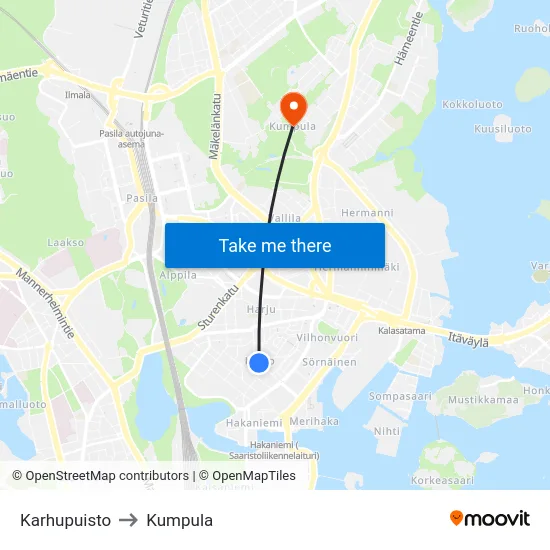 Karhupuisto to Kumpula map