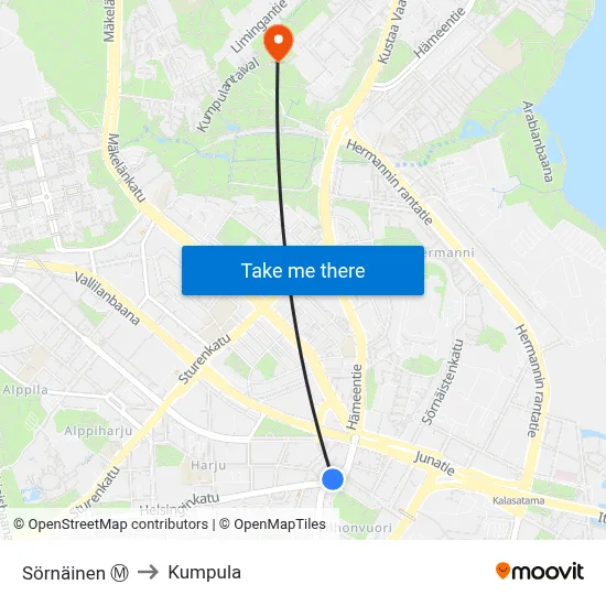 Sörnäinen Ⓜ️ to Kumpula map