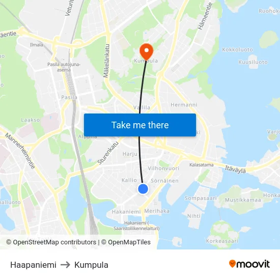 Haapaniemi to Kumpula map