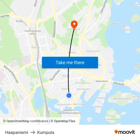 Haapaniemi to Kumpula map